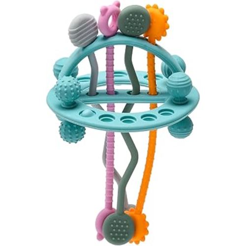 Food Grade Silicone Pull String Baby Toy, Montessori Pull String Sensory Toy for 18 Months Babies Teething Toys (Blue)