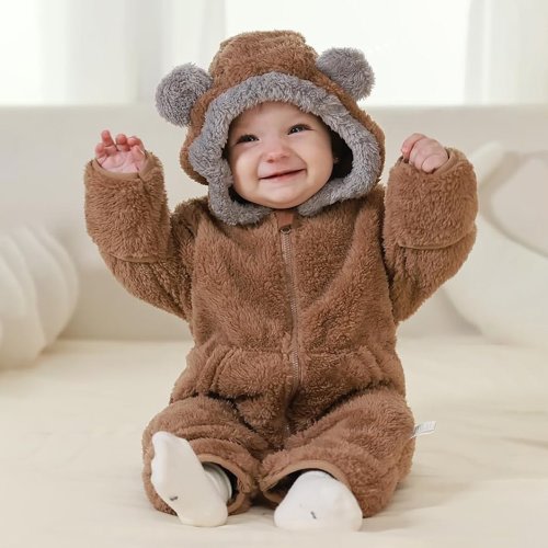 Infant Boys Fleece Jumpsuit - Cute Long Sleeve Snowsuit Romper With Bear Ears Hood Newborn Boy Winter Clothes Newborn Boy Clothes 3-6 Months