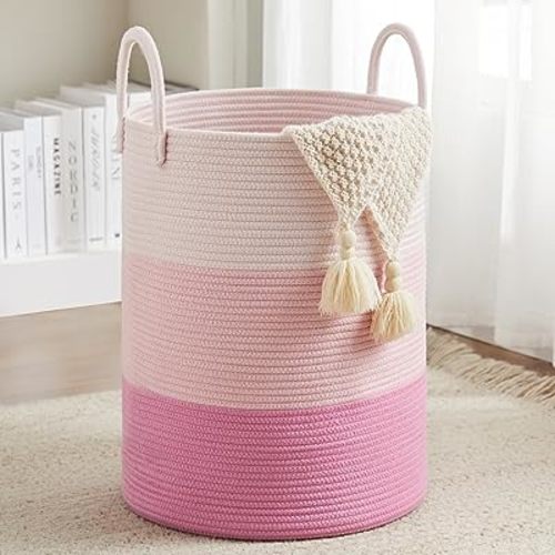 Fiona's magic Cotton Rope Laundry Hamper, Tall Woven Laundry Basket Storage, Baby Nursery Hamper for Blankets, Toys and Clothes Hamper for Bedroom and Living Room Organizing, 72L, Pink