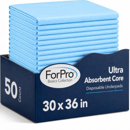 ForPro Basics 5-Layer Leakproof Disposable Underpads, 50ct, 30" x 36" | Ultra-Absorbent Incontinence Pads for Babies, Adults, Pets | Use for Bedwetting, Postpartum Recovery, Hospice, Dog Training