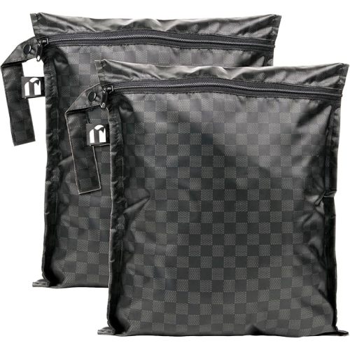 Bumkins Roamio - Waterproof Wet Bag - For Baby, Travel, Swim Suit, Cloth Diapers, Pump Parts, Pool, Gym, Toiletry, Strap to Stroller - Reusable & Easy to Clean - 2pk - Black Check & Off White