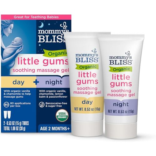 Mommy's Bliss Organic Little Gums Soothing Massage Gel Day and Night Combo, Great for Teething Babies, Age 2 Months+, Sugar Free, Mild & Sweet Flavor, 2 - 0.53 Oz Tubes (Pack of 1)