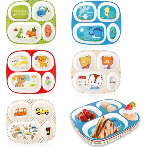 5 Pcs Dinner Plate Divided Dinnerware for Toddler Boys Girls Animal Cartoon Novelty Tableware Plates Food Plate Bowl, 9.4 x 8.2 Inch