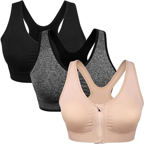 WANAYOU Women's Zip Front Sports Bra Wireless Post-Surgery Bra Workout Bras