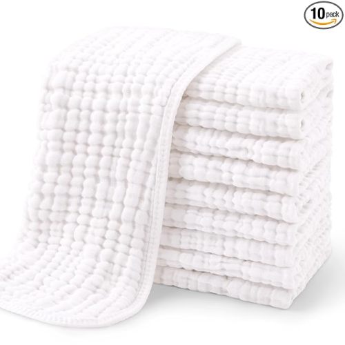 Yoofoss Muslin Burp Cloths for Baby 10 Pack 100% Organic Cotton Baby Washcloths for Boys Girls Large 20''X10'' Super Soft and Absorbent White
