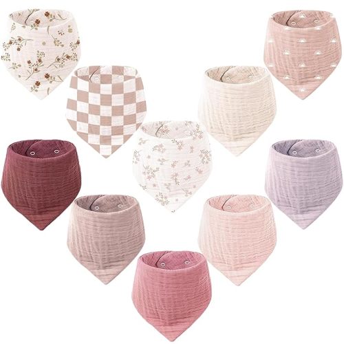 Konssy Muslin Baby Bibs 10 Pack Baby Bandana Drool Bibs 100% Cotton for Unisex Boys and Girls, Soft Absorbent Set for Teething and Drooling