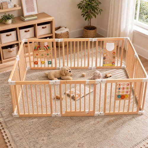 Jolie Vallee Wooden Playpen for Baby & Toddlers, Baby Fence Play Area with Activity Panels, Foldable Indoor Baby Gate Playpen for Safe Play Space,10 fence panels