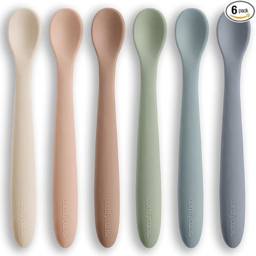 Comfy Cubs Silicone Baby Spoons Set 6-Pack, Sand 6.46 x 0.95 in – BPA Free, Soft Gum-Safe Toddler Eating Essentials – Lightweight & Flexible Baby Spoons, Dishwasher Safe, Fun Utensils for Babies