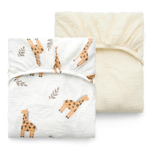 Momcozy Muslin Standard Fitted Crib Sheets, 52"x28", 2 Pack Soft Breathable Natural Cotton Baby Mattress Sheet, 360 Mattress Wrapping No Slip Boys Girls Neutral Toddler Bed Sheet, Bravery Giraffe