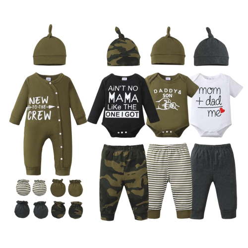 KIMI BEAR Newborn Baby Boys Layette Set Shower Gift 4-Packs Romper Pant Outfits Sets Layette Essentials 19 Pieces Letter Camouflage Print with Hats and Gloves Multicolor NB