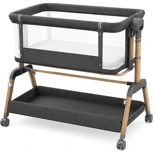 Bolmen 3 in 1 Baby Bassinet, Bedside Sleeper for Newborn, 7-Level Height Adjustable, Rocking Bassinet with Breathable Mesh, Lockable Wheels & Large Storage Space, Portable Baby Crib（Dark Gray）