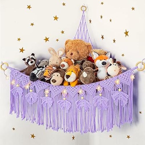 Macrame Stuffed Animal Storage with Star Light, Corner Hammock for Nursery
