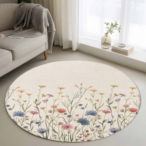 Floral 3FT Round Area Rugs for Living Room Watercolor Leaves Colorful Daisy Linen Background Ultra-Thin Non-Slip Round Rugs Machine Washable Low Pile Circle Carpet for Bedroom Kitchen Nursery
