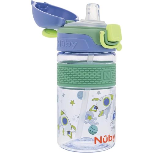 Nuby Thirsty Kids Flip-It Bolt Toddler Cup with Push-Button Locking Flip-Top and Silicone Spout - 12 oz - Easy-Grip and Spill-Resistant - 18+ Months - Space