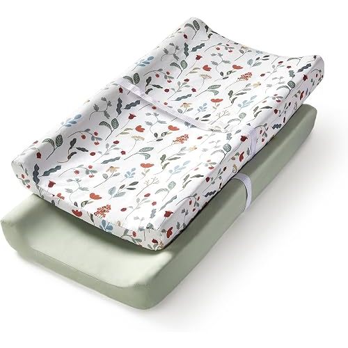 TILLYOU Changing Pad Cover Set in Soft Jersey Material - Fits 32"/34''x16 Contoured Pad for Babies, Forest Floral