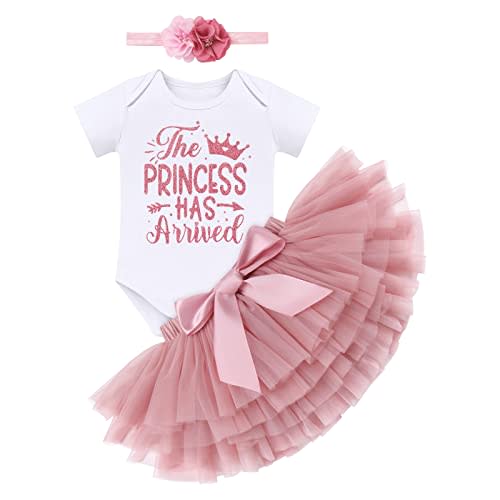 Newborn Baby Girls Coming Home Outfit Princess Romper + Tutu Skirt + Flower Headband Shiny Clothes Set for Photo Shoot