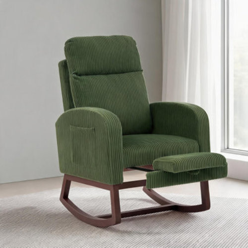 Ebern Designs Upholstered Nursery Rocking Chair with Footrest & Side Pocket | Wayfair