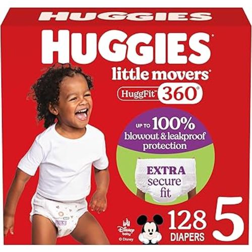 Huggies Size 5 Baby Diapers, Little Movers HuggFit 360° Baby Diapers with 360° Waistband, Size 5 (27+ lbs), 128 Count (2 Packs of 64), Packaging May Vary