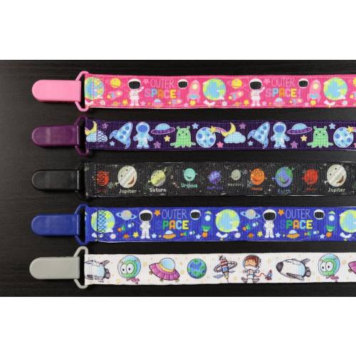 Pacifier Clip: Outer Space Astronaut Solar System | boy & girl ribbon paci holder, baby shower gift, binky soothie mam nuk dummy