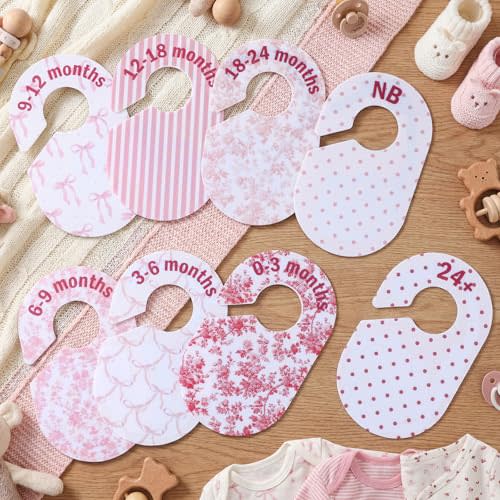 8 Pcs Pink Bow Baby Closet Dividers Double-sided Baby Girl Clothes Closet Hanger Dividers Wardrobe Organizer Coquette Preppy Nursery Decor for Sorting 8 Sizes from Newborn to 24+ Months