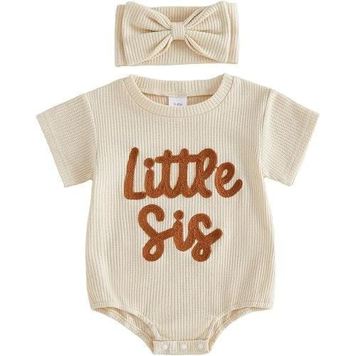 Infant Baby Girl Summer Outfit Short Sleeve Little Sister Lil Sis Bubble Romper Jumpsuits Newborn Waffle Clothes