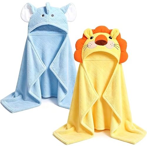 Baby Hooded Towel 2-Pack, Coral Fleece Baby Bath Towels for Toddlers & Infants 0–5 Years, Super Soft & Highly Absorbent, Large 50''x32'', Newborn & Baby Gift Set – Yellow Lion & Blue Elephant