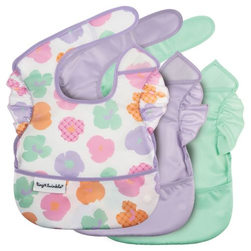 Tiny Twinkle Mess-Proof and Waterproof Baby Food Bib for Girls or Boys, Machine Washable and BPA-Free w/Adjustable Closure (3-Pack, Floral Pop)