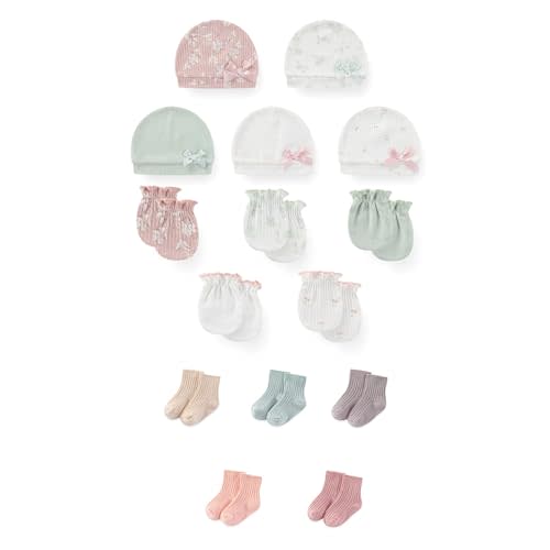 JELYLOVE 15 Pack Unisex New Born Boy Girls No Scratch Mittens Sets Cotton Soft Baby Gloves Hats socks Accessory 0-6 Months