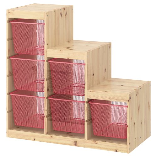 TROFAST Storage combination with boxes - light white stained pine/light red 37x17 3/8x35 7/8 "