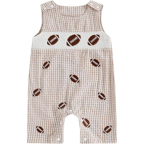 Newborn Baby Boy Football Outfit Embroidery Plaid Retro Romper Sleeveless One Piece Jumpsuit Smocked Shortall