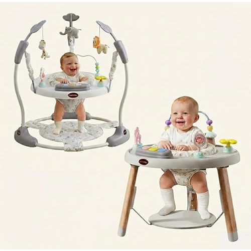 CuddoBaby Baby Jumper 4-Stage Convertible| Montessori -Inspired 8 Interactive Toys| Tummy Time Playmat, Bouncer, Exersaucer, Toddler Table| Music & Lights | 3-6, 6-12, 12-18, 12-24 Months - Gray