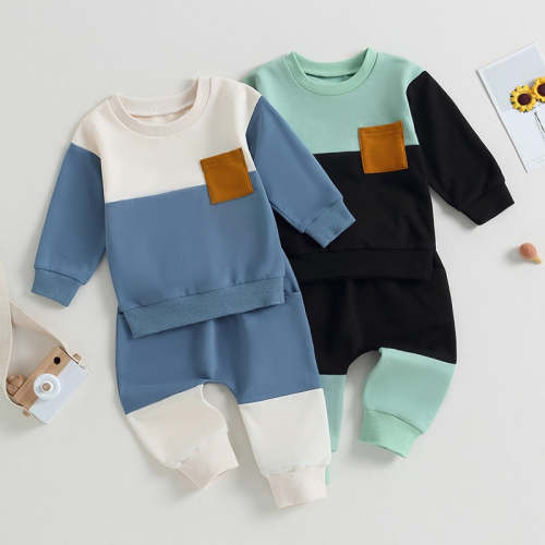 Baby Toddler Boy Girl 2Pcs Pants Set Color Block Long Sleeve Crew Neck Top and Pants Outfit