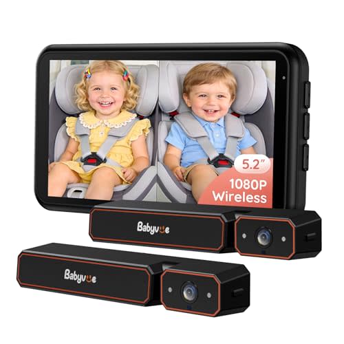 Babyvue BV6PRO Wireless Dual Car Camera Baby Monitor Fast Setup, HD1080P Spilt-Screen Baby Car Monitor for 2 Kids, Auto IR Night Vision Backseat Camera for Newborns Gift