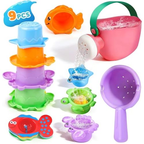 Baby Bath Toys for Kids Ages 1-3 9PCS Toddler Bath Toys Mold Free for 2-4 with Watering Can & Stacking Cups Colorful Bathtub Pool Water Toys for 1+ Year Old Girls Boys Gifts