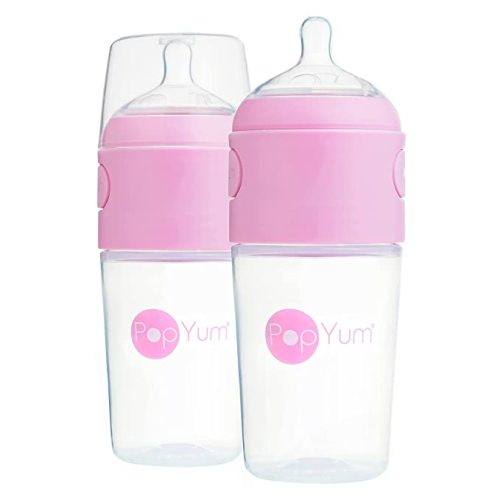 PopYum 9 oz Pink Anti-Colic Formula Making Baby Bottles, 2-Pack | #2 Medium Flow Nipples, 260 ml, BPA-Free, Natural Latch, Mixing Dispenser
