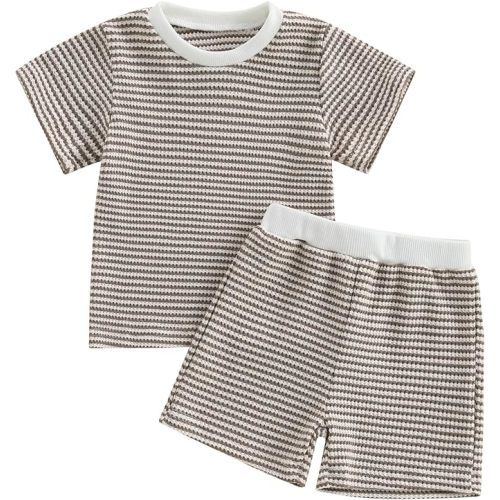 VISGOGO Boy Boy Girls Toddler Summer Outfit Striped T-shirt Toddler Boy Summer Clothes 6 12 18 Months 2 3 4 5 T Short Set