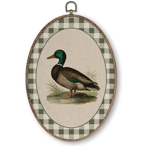 Qskjre Vintage Mallard Duck Wall Art Decor, Rustic Duck Nursery Oval Wood Framed Canvas Wall Artwork, Farmhouse Ducks Hanging Prints for Living Room Bedroom Bathroom Decorations, 8.6x11.4 inch