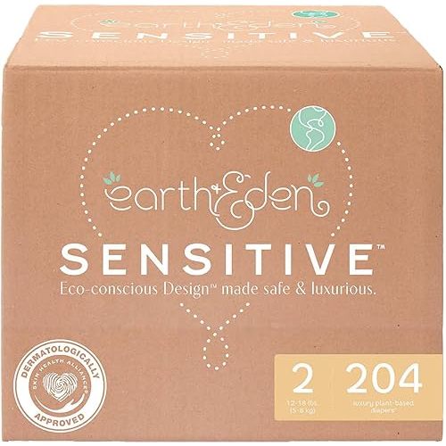 Earth & Eden Sensitive Baby Diapers, Size 2 (204 Count) - Eco-Conscious & Hypoallergenic Diapers - No Harsh Chemicals - Comfortable and Gentle on Skin - Dermatologically Approved