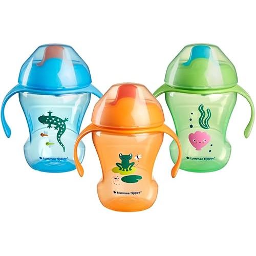 Tommee Tippee Trainer Sippee Cup, 7m+, 8oz, Pack of 3 Non-Spill Trainer Cups for Toddlers, Blue, Orange and Green, with Bite-Resistant Spout and Easy-Hold Handles, Travel Friendly and BPA Free