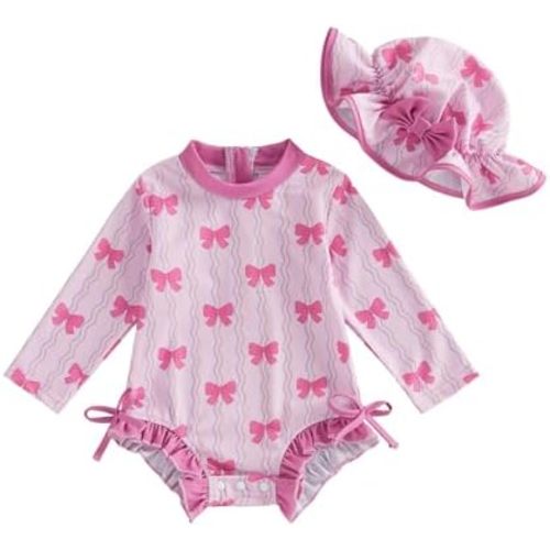 Baby Girl Swimsuit 4th of July Infant Bathing Suit Flag Long Sleeve One Piece Rash Guard Swimwear with Hat Set