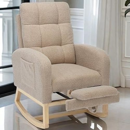 Rosevera Nursery Rocking Chair with Adjustable Footrest for Living Room - Teddy Fabric, Solid Wooden Legs, Comfortable Lounge Armchair with High Backrest and Side Pockets (Modern, Light Coffee)