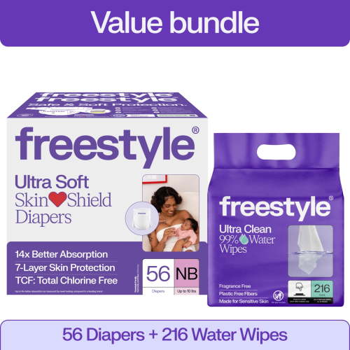 Freestyle Diapers Newborn, 56 Count & Fragrance Free Baby Wipes, 216 Count Bundle (Select for More Options)