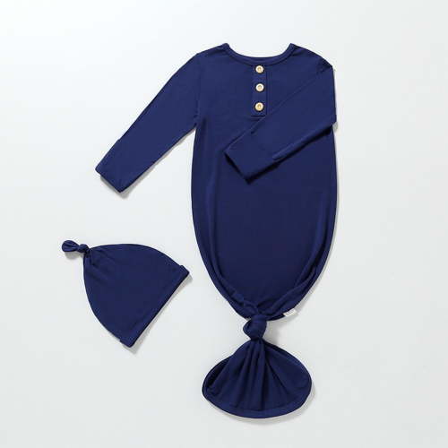 Rciityk Newborn Baby Boys Girls Knotted Gown Bodysuit Soft Infant Sleeper Romper Baby Long Sleeve Pajamas Gown with Hat 2PC