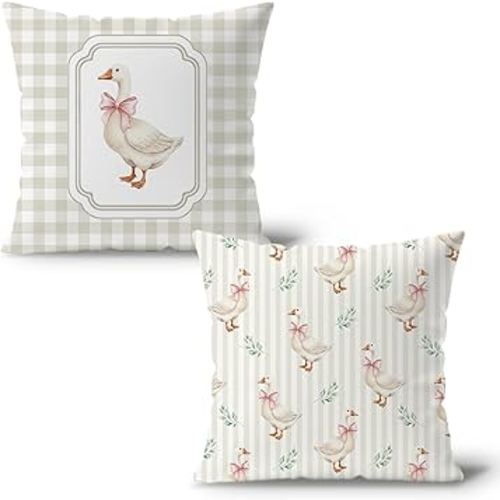Goose Pillow Covers 18x18 Inches, Farmhouse Vintage Nursery Baby Girl Goose Floral Decor for Nursery Room Bedroom, Decorative Baby Girl Gifts for Woman Girls, Set of 2
