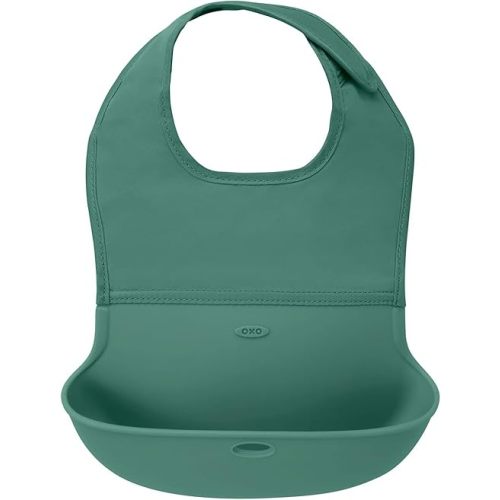 OXO Tot - Roll-Up Bib - Comfortable Soft Waterproof Lightweight Silicone Baby Bib and Toddler - Fabric Rolls Up into Pocket for Travel and Storage - Sage