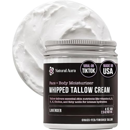 Whipped Beef Tallow for Skin - Face + Body Moisturizer, 100% Grass Fed Grass Finished Tallow and Honey Balm for Dry Skin - Natural Lotion - Free of Harsh Chemicals - 4oz, (Lavender)