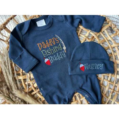 Custom fishing baby coming home outfit, daddy's fishing buddy navy romper and personalized hat set