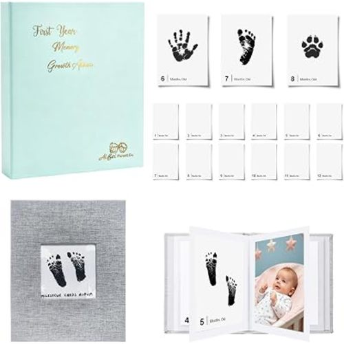 15 Pack Baby Inkless Milestone Cards Album, Inkless Baby Hand Footprint Kit, Monthly Milestone Signs, Baby Book Keepsake, Baby Growth Milestone Cards for Newborn (Light Green Set + Photo Album)