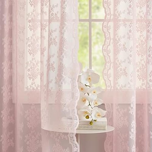 YJ YANJUN Pink Floral Curtains 54 inch Length 2 Panels for Kitchen Vintage Lace Short Curtains for Living Room Bedroom Bathroom Window Voile Sheer Panels Baby Girl Nursery Decor 52" W x 54" L, Pink