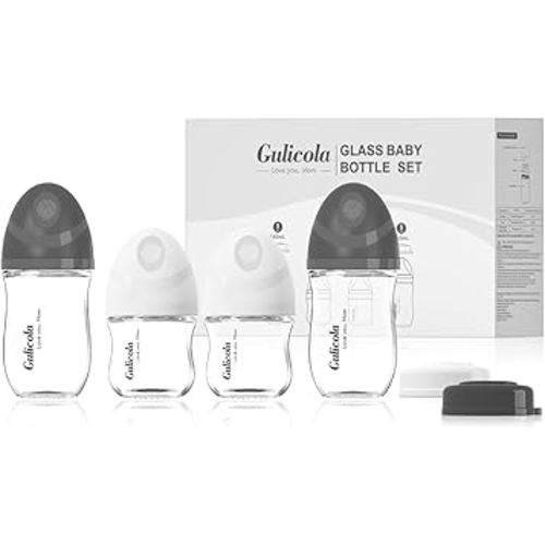 Gulicola Natural Glass Baby Bottles Set 4 Pack, Newborn Boy Breastfeeding Bottles with Slow Flow Nipples, 0 Months+, 3 oz & 5 oz - Black/White